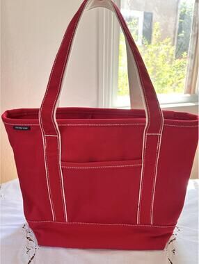Lands’ End Red Canvas Tote Bag Large Utility Beach Travel Carryall